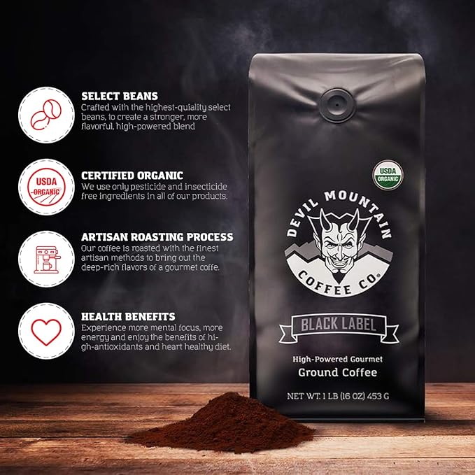 Devil Mountain Coffee Black Label Dark Roast Ground Coffee Strong High Caffeine Coffee Grounds USDA Organic Fair Trade Gourmet Artisan Roasted Strongest Coffee in the World 80 oz Bag