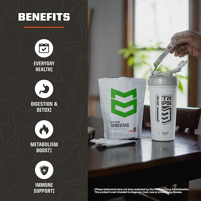 MTN OPS Greens Superfood Drink Mix Daily Greens Powder with Super Greens Chlorophyll Digestive and Immune Support Raspberry Flavor 30 On The Go Stick Packs