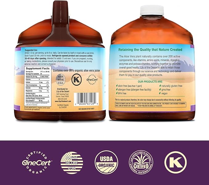Lily of the Desert Aloe Vera Juice - Organic Preservative-Free Inner Fillet Aloe Vera Drink with Natural Digestive Enzymes for Gut Health Stomach Relief Wellness Glowing Skin 128 Fl Oz