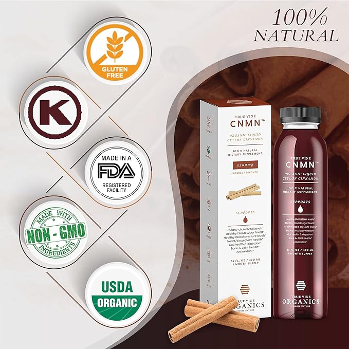 True Vine 3200mg Liquid Ceylon Cinnamon Supplement (Made in USA) for Healthy Heart Blood Pressure Sugar Cholesterol Gut &amp Joints — 100% Organic Ceylon Cinnamon to Fight Free Radicals (16 fl oz