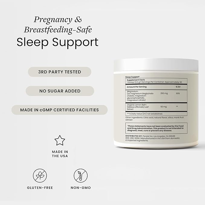 Perelel Sleep Support Magnesium Powder Blend with Lemon Balm Relaxing Herbal Formula Soy &amp Gluten Free Non GMO Honey Lemon Flavor 2.43 Oz