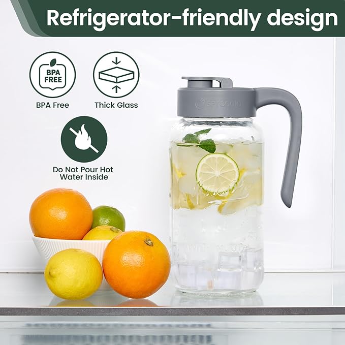 Mason Jar Pitcher - Airtight &amp Leakproof Glass Pitcher with Lid[set of 2] Perfect for Breastmilk Cold Brew and Sun Tea 2 Quart (64 oz) Mason Jar with Pour Spout Lid