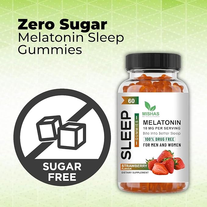 Mishas Nutraceuticals Melatonin Sleep Support Gummies for Adults 10 mg Melatonin Supplement 60 Strawberry Flavor Gummies Provides Up to 30 Days of Restful Sleep