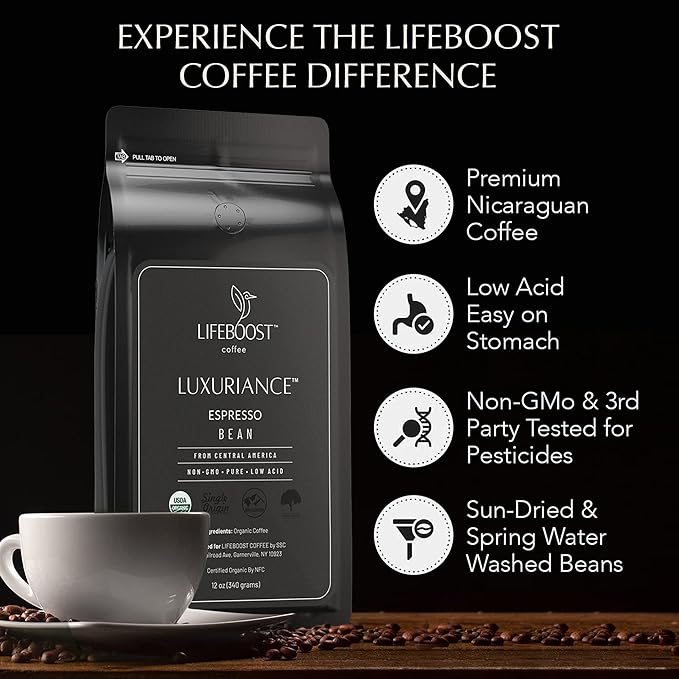 Lifeboost Organic Espresso Whole Bean Coffee - Low Acid Espresso Coffee Non-GMO USDA Organic Single Origin Third-Party Tested for Mycotoxins &amp Pesticides - 12 oz Pack of 3