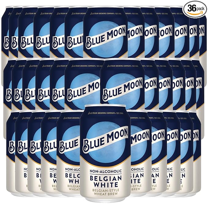 Blue Moon Non-Alcoholic 36 Pack Belgian Style Wheat Beer - Dealcoholized NA Brew in 12oz Cans - Low Calorie: 80 cals 17g carbs - Refreshing Craft Brew Option