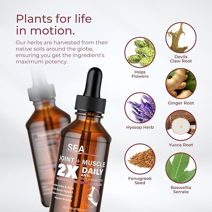 Joint + Muscle Liquid Support - Natural Herbal Blend - For Joint Support Cartilage Mobility &amp Heart Health - Fast-Acting Liquid Supplement - 98% Absorption - Made in the USA - 30-Day Supply