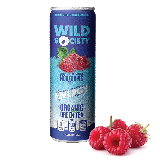 Wild Society Natural Energy Drink + Nootropics (12 pack) - 100 mg Organic Caffeine from Green Tea - Zero Sugar &amp Zero Calories - Monk Fruit Sweetened - Clean Ingredients - Fuel Mind &amp Body - B