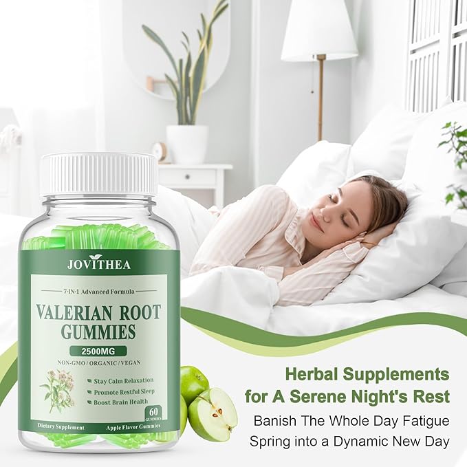 2 Pack Organic Valerian Root Gummies Herbal Supplements for Calm &amp Relaxation Natural Sleep Support for Adults &amp Kids Melatonin Free Vegan Non-GMO Gluten Free Apple Flavor 120 Count