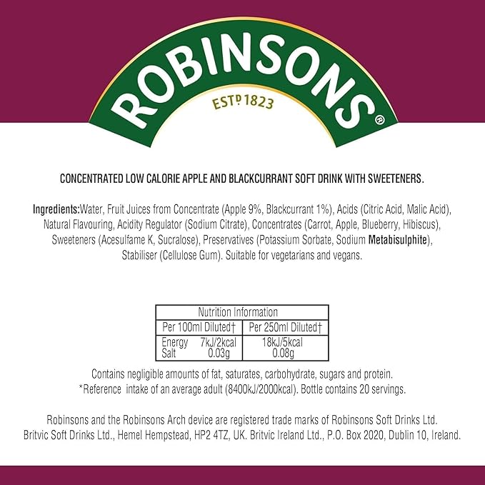 Robinson's Fruit Drink Apple &amp Blackcurrant No Added Sugar 1-Liter Plastic Bottles (Pack of 4)