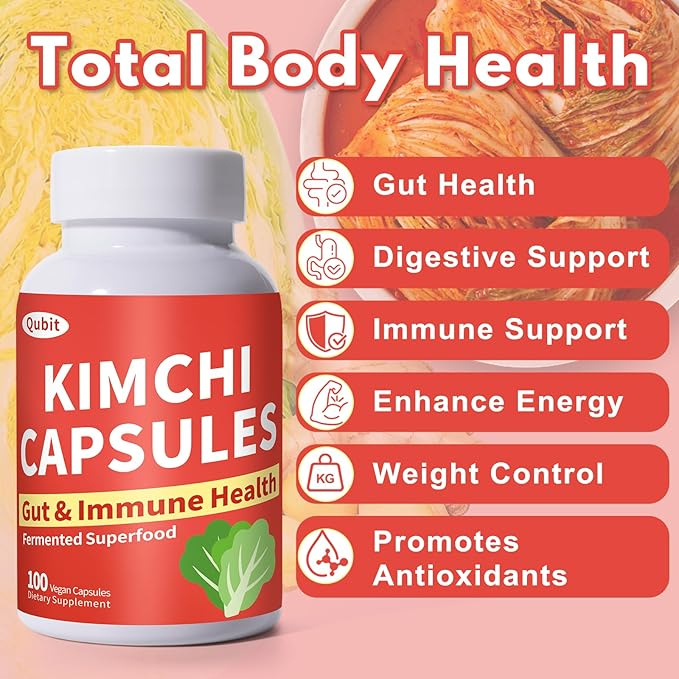 QUBIT Kimchi Capsules Kimchi Supplement Probiotics &amp Enzymes Supports Gut &amp Digestive Health Taste Well One Fermented Superfood for Antioxidant Support 90 Vegan Capsules Pills