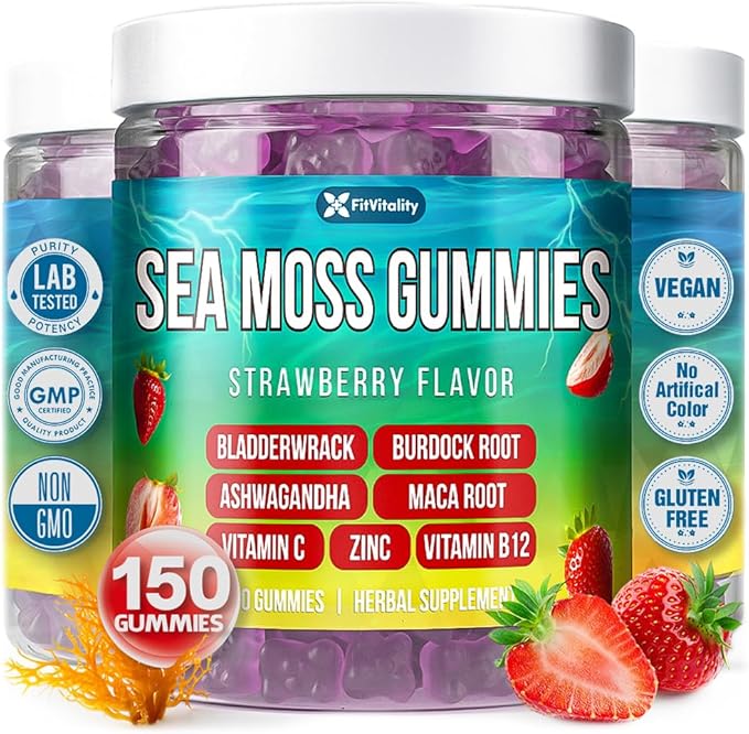 150 Sea Moss Gummies | Strawberry Flavor Vegan Gummies | Extra Rich 9-in-1 Formulation with Irish Sea Moss Elderberry Bladderwrack Burdock Ashwagandha Maca Zinc B12 | Energy &amp Immune Suppor
