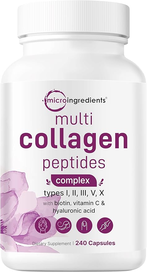 Micro Ingredients 8-in-1 Multi Collagen Capsules &amp L-Theanine 200mg with Magnesium Glycinate Softgels | Grass-Fed Collagen Peptides | Amino Acid &amp Mineral Complex Bundle 2 Pack