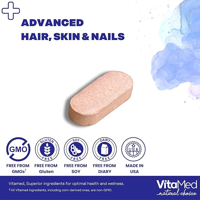 VitaMed Hair Skin &amp Nails – Biotin 5000 mcg Collagen OptiMSM Keratin Hyaluronic Acid &amp Silica | Supports Hair Growth Radiant Skin Strong Nails | Halal Non-GMO Gluten-Free – 60 Beauty