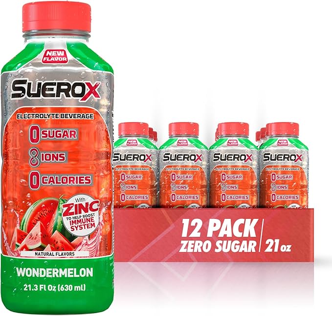 SueroX Sugar-Free Sports Drink for Hydration and Recovery Electrolyte Hydration Drink with 8 Ions Zero Calorie Sports Drinks Wondermelon (Watermelon) flavor 21.3 Fl Oz 12 Count