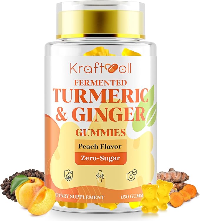 Turmeric and Ginger Gummies with Black Pepper Fermented Turmeric for Joint Comfort &amp Mobility Sugar-Free with Vitamin D3 + K2 Natural Peach Flavor – 150 Gummies