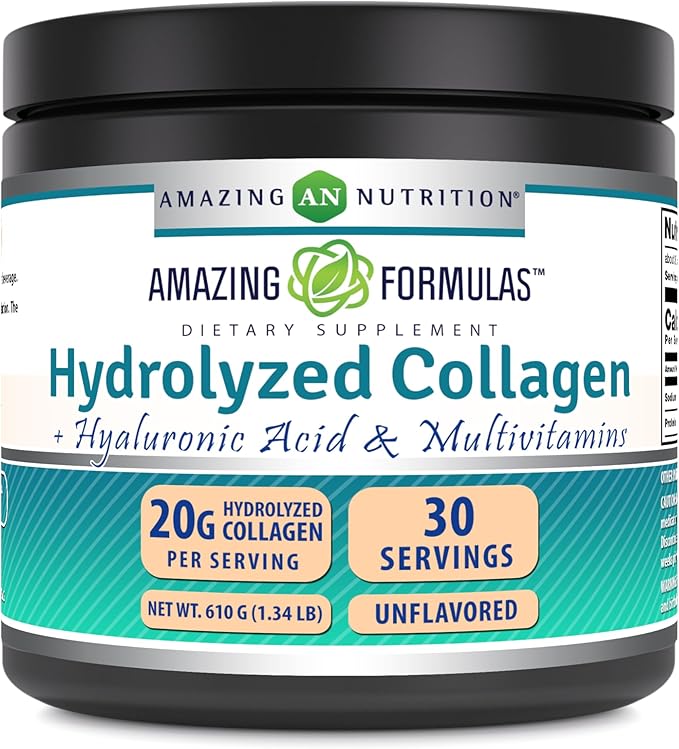 Amazing Formulas Hydrolyzed Collagen with Hyaluronic Acid &amp Multivitamins Supplement | 30 Servings Powder | 605 Grams | Unflavored