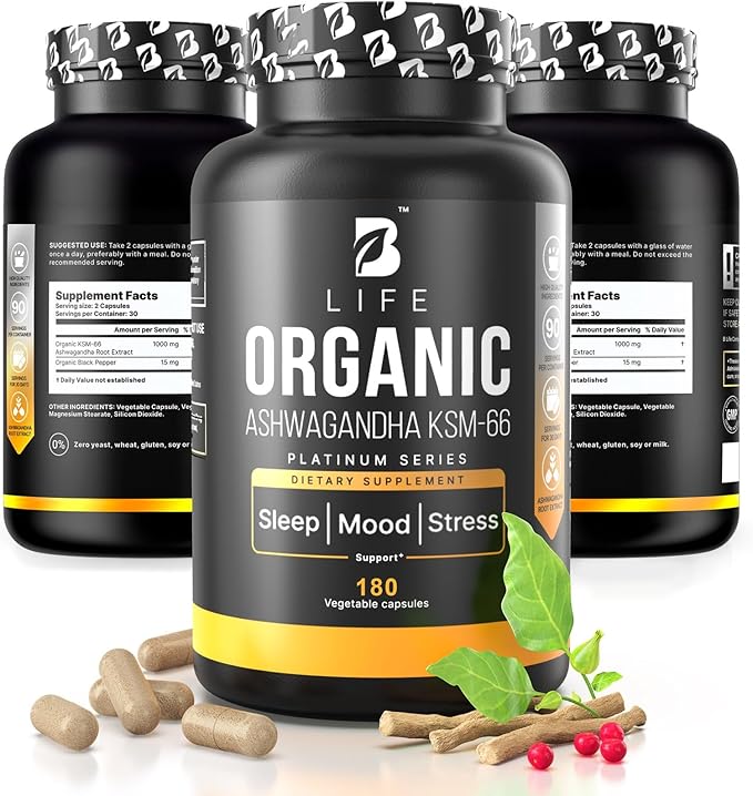 Organic Ashwagandha KSM-66 1000 mg Supplement | Adaptogen for Cortisol Support &amp Stress Relief | Mood Calm &amp Sleep Aid for Men &amp Women | Ashwagandha ritual vitamins for women | 180 Vegan