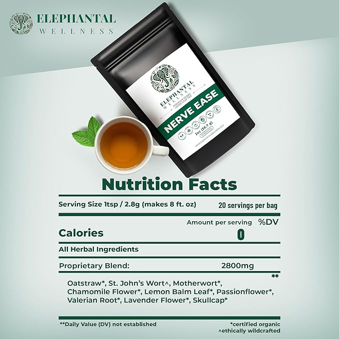 Elephantal Wellness Nerve Ease Herbal Tea | Calming Nervous System Support with Chamomile Tea Passionflower Lemon Balm Tea Valerian &amp St. John’s Wort | Loose Leaf Caffeine-Free 2oz 20 Servin