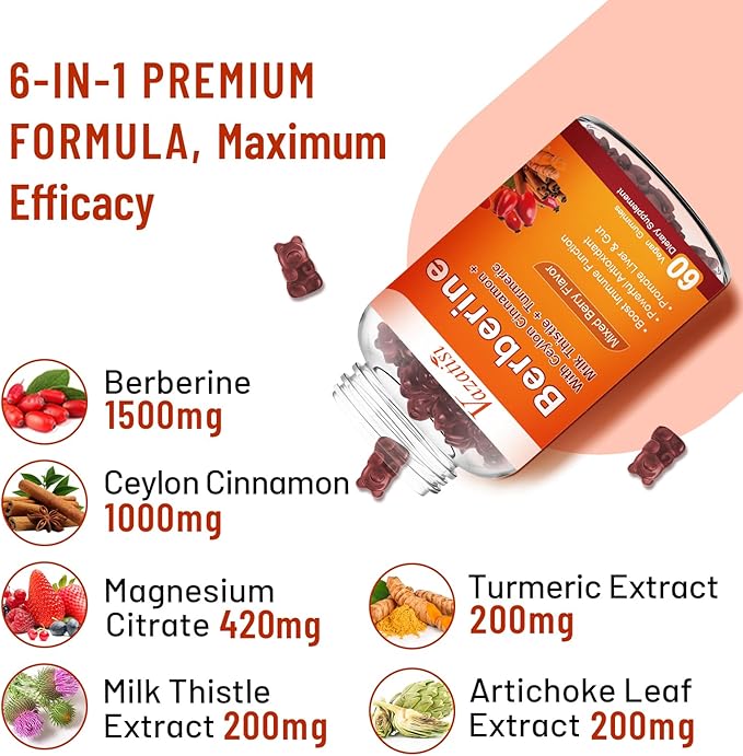2 Pack 1500mg Berberine Gummies High Potency Berberine Supplement with Ceylon Cinnamon Gummies Turmeric Magnesium Sugar Free Non-GMO Gluten-Free - Mixed Berry Flavored 120 Gummies