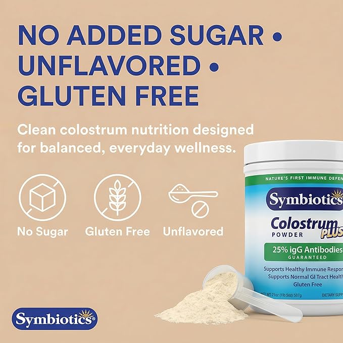 Symbiotics Colostrum Plus Powder 6.3 oz - Immune &amp Muscle Recovery Support 25% IgG Immunoglobulins Gut Health &amp Training Resilience Unflavored Gluten Free - 6.3 oz