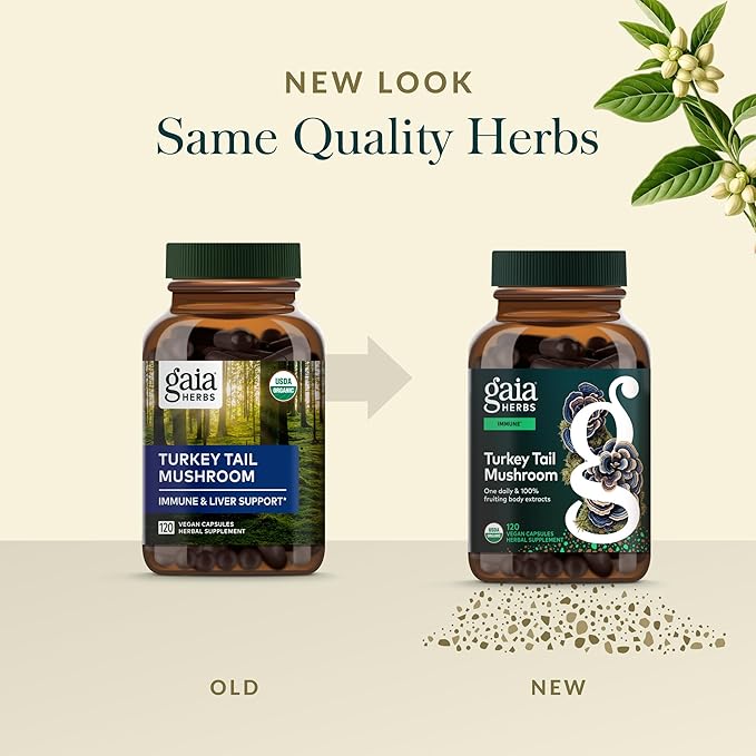 Gaia Herbs Turkey Tail Mushroom - Traditional Immune Support &amp Liver Health Supplement* - with Organic Turkey Tail Mushroom Fruiting Body Extract - 120 Vegan Capsules (120 Servings)
