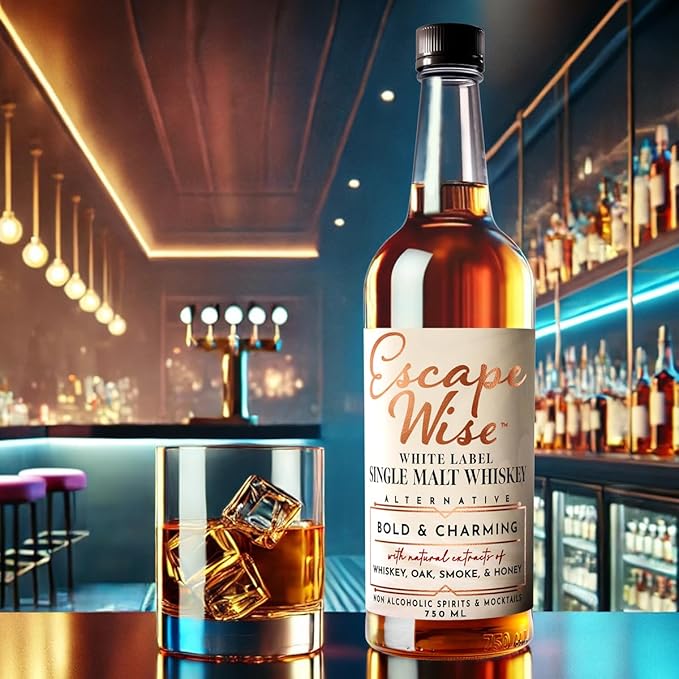 ESCAPE WISE White Label Single Malt Whiskey Alternative | Non-Alcoholic | The World’s Leading Developer of Non-Alcoholic Spirits Liqueurs &amp Mocktails | 25.4 FL OZ (750 ML)