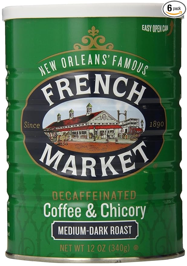 French Market Coffee &amp Chicory Decaffeinated Medium-Dark Roast Ground Coffee 12oz Can (Pack of 6)