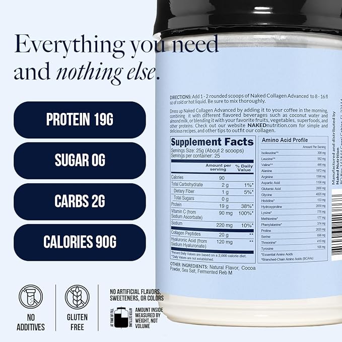 NAKED Chocolate Collagen Advanced - Peptides Protein Powder Hyaluronic Acid Vitamin C Pasture-Raised Grass-Fed Hydrolyzed Collagen Supplement Paleo Friendly Non-GMO Keto Gluten Free 1.3LB