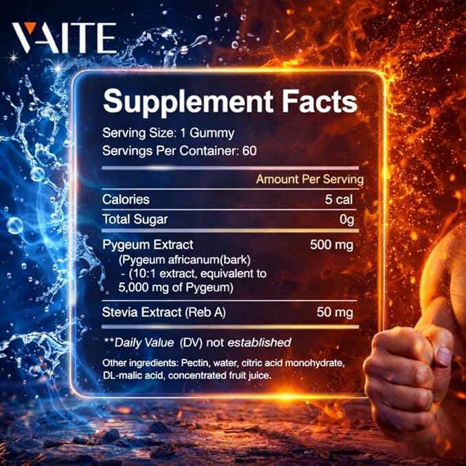 VAITE Pygeum Supplement Gummies 500mg - Vegan Chewables with Africanum Bark Extract Plant-Based Supplements for Male Non-GMO Gluten-Free Sugar-Free Gelatin-Free 60 Chews Gummy