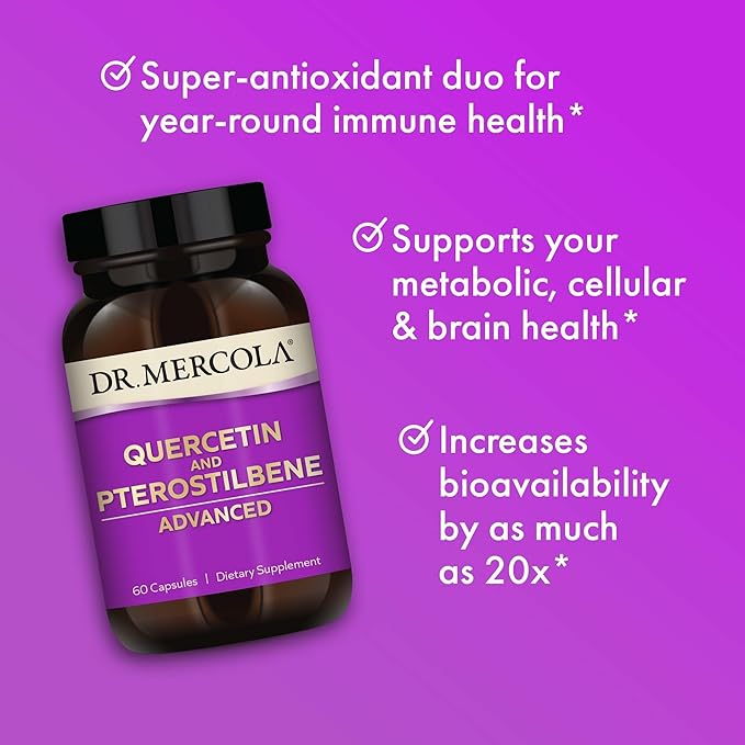 Dr. Mercola Quercetin &amp Pterostilbene Advanced - Supports Respiratory &amp Immune Health - 500 mg Quercetin - High-Bioavailability Formula - Non-GMO Gluten-Free &amp Soy Free - 60 Capsules (30