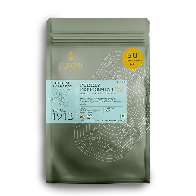 Luxmi Estates Organic Purely Peppermint 50 Tea Bags (100g/3.5oz) Pack | Caffeine Free | Biodegradable Tea Bags