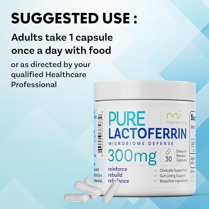 Pure Lactoferrin Microbiome Defense - 300mg Delayed Release Capsules Non-GMO Iron Absorption &amp Immune System Support Lactoferrin Supplements for Adults Gluten-Free (30 Capsules)