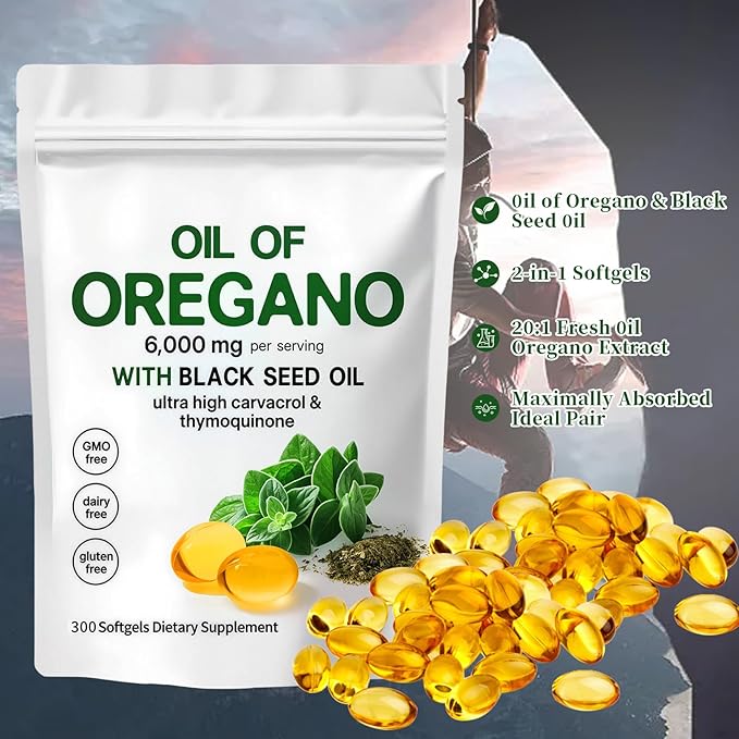 Oil of Oregano with Black Seed Oil2-in-1 Oregano Oil Capsules Organic6000mg Per Serving300 Softgels4X Strength Carvacrol &amp ThymoquinoneNon-GMOGluten Free &amp Immune Support