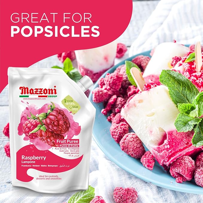 Mazzoni - Raspberry Puree 100% Pure Raspberries Just Fruit No Sugar Added Real Fruit for Smoothies Drinks Cocktails Fruit Juice - 2.2 lb Convenient Pouch Made in Italy