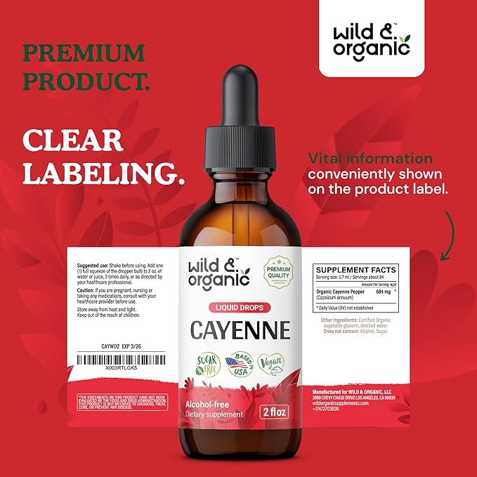 Wild &amp Organic Cayenne Pepper Tincture - Capsaicin Supplements for Digestive Support - Cayenne Pepper Extract Liquid - Vegan Alcohol-Free Drops - 2 fl oz
