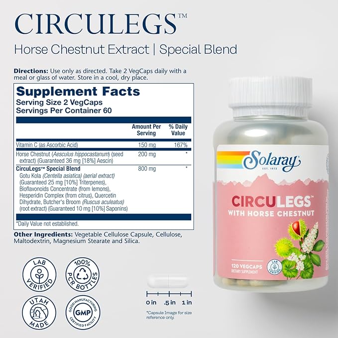 SOLARAY Circulegs - Herbal Supplements for Wellness Support w/Horse Chestnut Extract and Vitamin C Plus Gotu Kola Flavonoids Hesperidin Blend - Vegan Gluten Free 60-Day Guarantee - 60 Servings