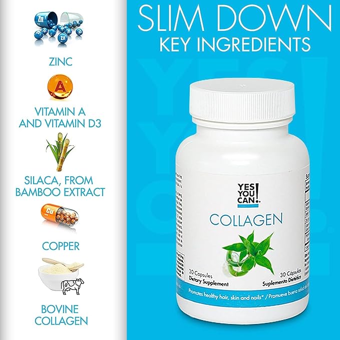 Yes You Can! Collagen Capsules for Women and Men Dietary Supplement to Promote Healthy Hair Skin and Nails 290 mg Bovine Collagen Vitamin A Vitamin D3 Zinc and Copper 30 Capsules - 2 Pack