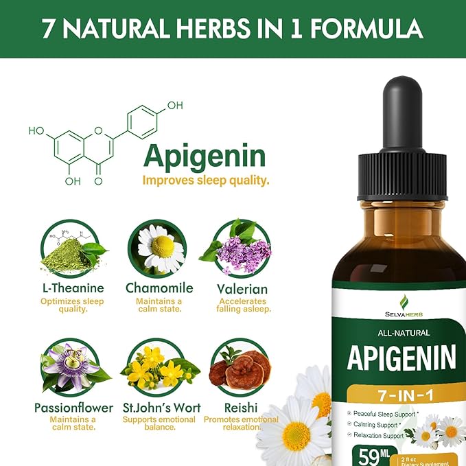 Apigenin Supplements for Sleep 7-in-1 Formula Drops w/Chamomile Extract &amp L-Theanine for Calming &amp Relaxation Support Fast Apsorption Liquid w/Valerian Root &amp Passion Flower. 2oz