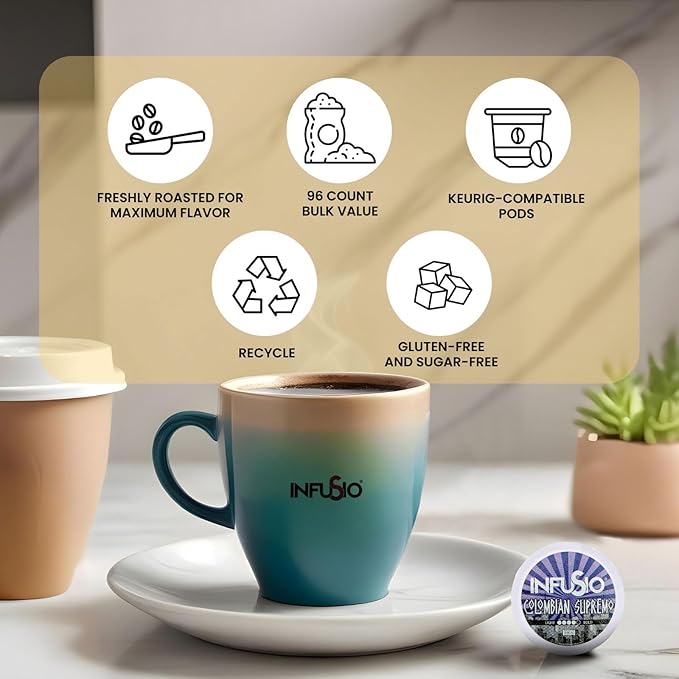 InfuSio Coffee Pods 96 Count Colombian Supremo Medium Dark Roast Single serve Coffee pods for Keurig K Cup® Brewers - InfuSio Premium Roasted Keurig 2.0 Compatible