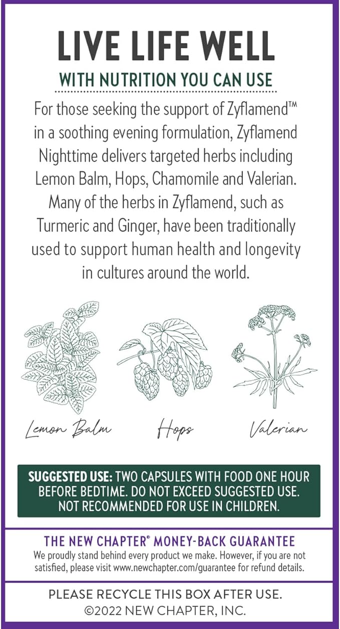 New Chapter Sleep Aid – Zyflamend Nighttime for Sleep Support with Turmeric + Valerian Root + Lemon Balm + Holy Basil Vegetarian Capsules 60 Count