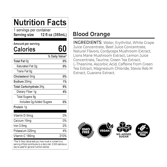 CHROMA All Natural Mushroom Energy Drink - Lion's Mane Cordyceps L-Theanine Beet Root Guarana Electrolytes Adaptogens Green Tea Caffeine. No crash or jitters. Energy Mood Focus Performance B