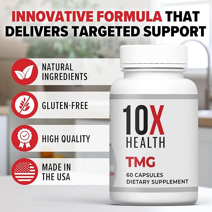 10X Health TMG Supplements - Trimethylglycine Supplement for Liver Support Heart Wellness Energy Homocysteine Levels - TMG Capsules with Betaine Anhydrous - Non-GMO &amp Gluten-Free - 60 Capsules