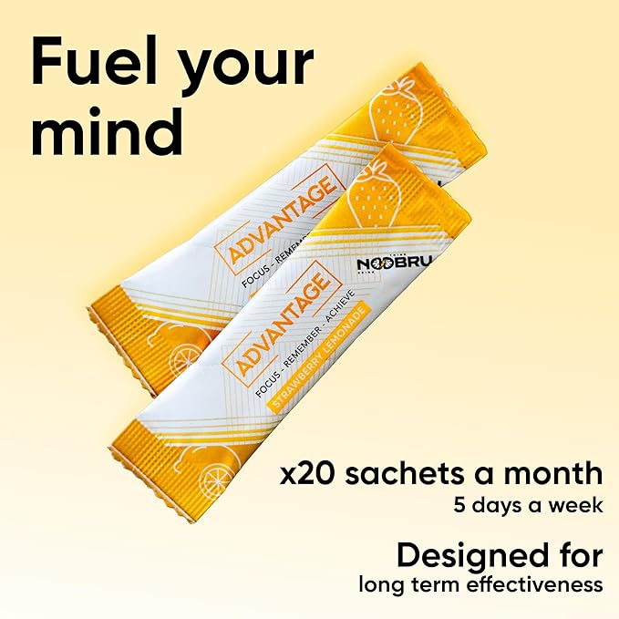 Noobru Аdvantage Nootropic - Delicious Nootropics Brain Supplement with 11 Active Ingredients - Natural Cognitive Enhancer - 20 Strawberry Lemonade Sachets - 1 Month Supply 20 Count (Pack of 1)