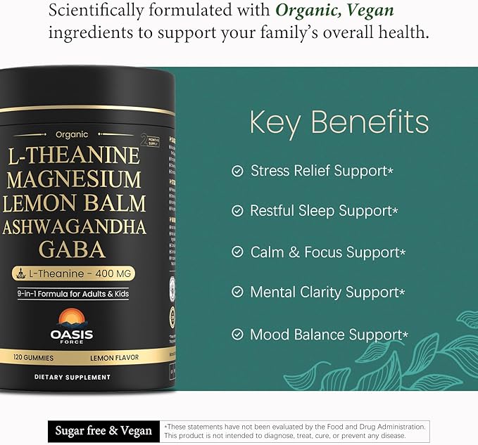 L-Theanine 400mg Gummies L Theanine Supplement for Kids &amp Adults with Magnesium Glycinate GABA Ashwagandha L'theanine Chewable for Restful Sleep Stress Support Relaxation Calm 60 Day Suppl