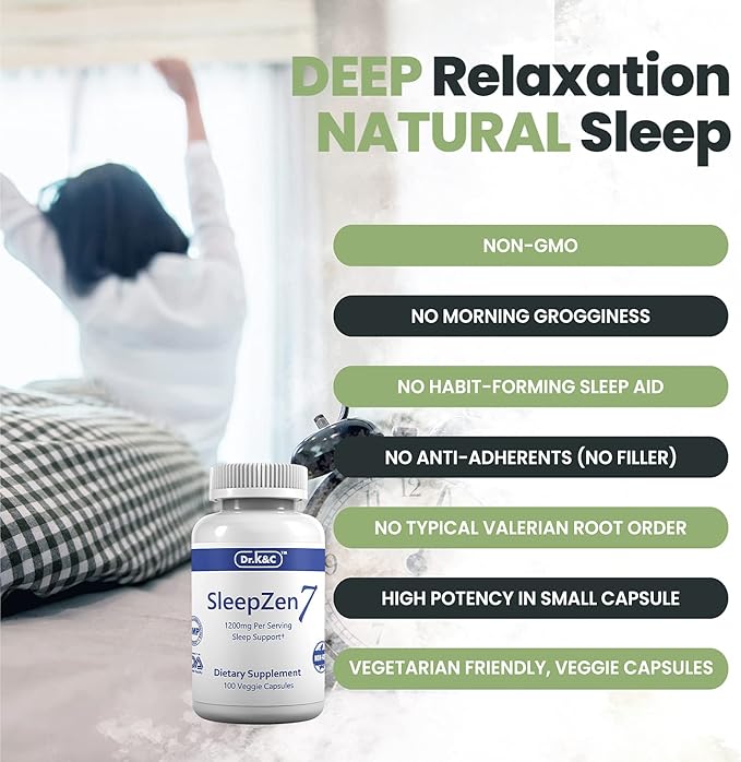 Dr.K&ampC SleepZen7 Sleep Supplement – All Natural Botanical Plant Sourced 1200 mg 200 Veggie Capsules Sleeping Support Organic Tart Cherry Valerian Root Extract No Filler Non GMO 2pk