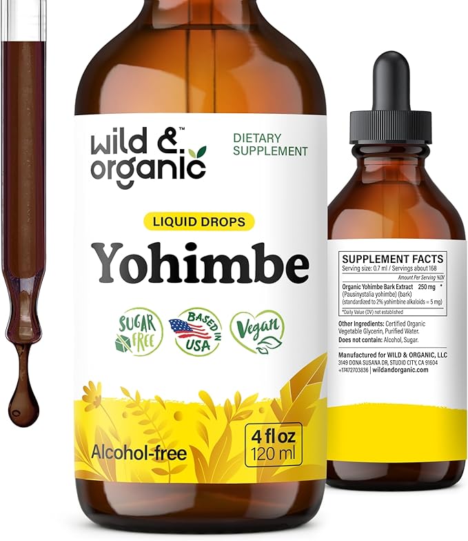 Wild &amp Organic Yohimbe Supplements for Men &amp Women - 5 mg Yohimbine Extract Tincture - Alcohol-Free Yohimbe Bark Drops - Vegan Non-GMO &amp Sugar-Free - 4 fl oz