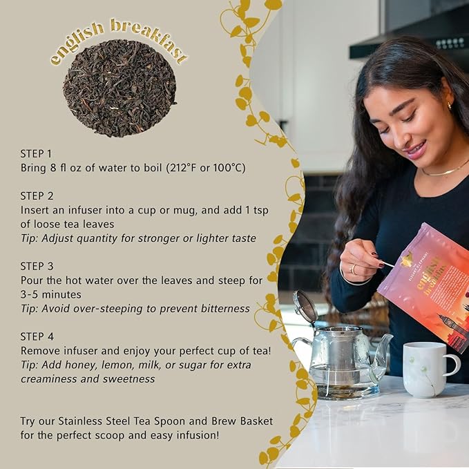 English Breakfast Tea Organic Loose Leaf Black Tea – Robust Full-Bodied Classic Blend – Drink Hot or Iced – 4 oz Resealable Bag (Makes 50 Cups) – The Elegant Elephant