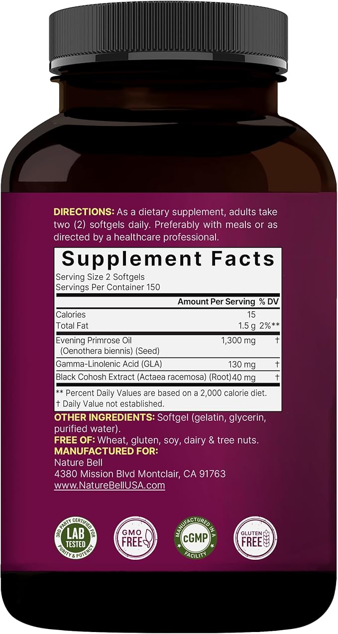NatureBell Evening Primrose Oil with Black Cohosh 1300mg Per Serving 300 Mini-Softgels | Cold Pressed Seeds Retains 130mg GLA for Womens Health &amp Skin Care Support – Hexane Free Non-GMO