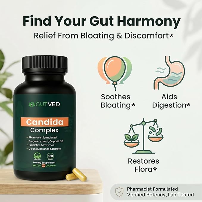 Candida Complex with Caprylic Acid for Men &amp Women – Anti Overgrowth Balance and Restore Supplement for Yeast Healthy Gut Flora &amp Skin with 30B/g Probiotic Oregano Senna - 1 Month Supply