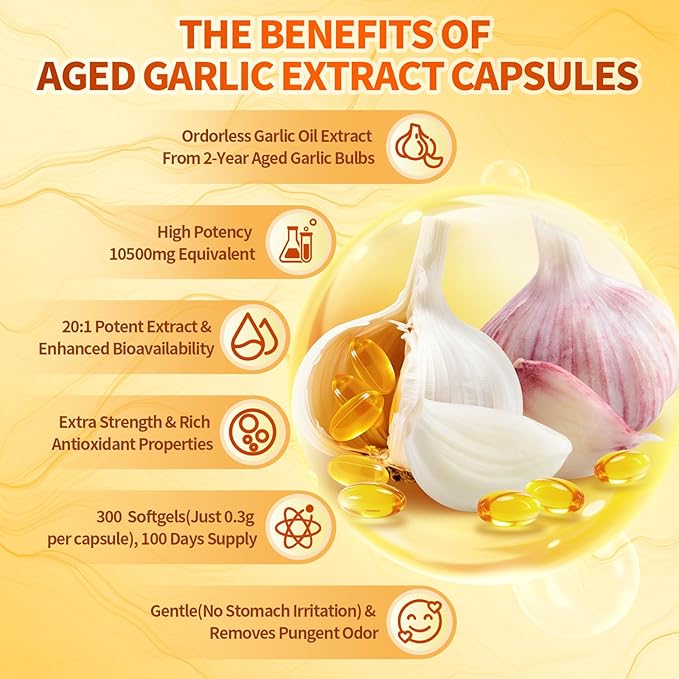 VivoNu Aged Garlic Extract Capsules 10500mg Odorless Garlic Supplements with Magnesium Chromium B1 &amp B9 Supports Immune Health &amp Heart Function| 2 Years Matured | 300 Softgels